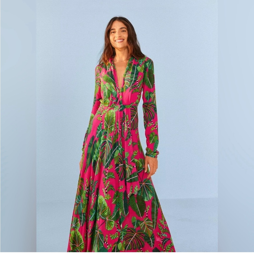 FARM RIO Pink Leaves Maxi Dress